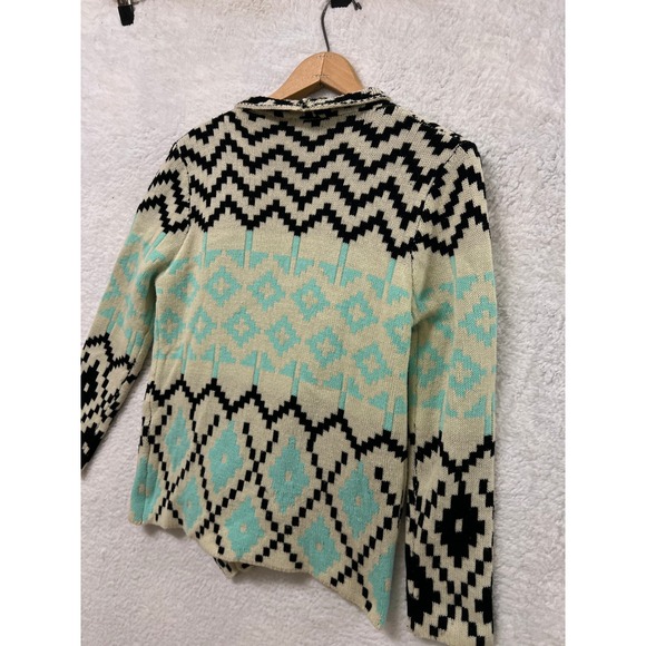 KATE Collection Geometric Aztec Print Cardigan Sweater Women's Cream Blue Black - Picture 3 of 7